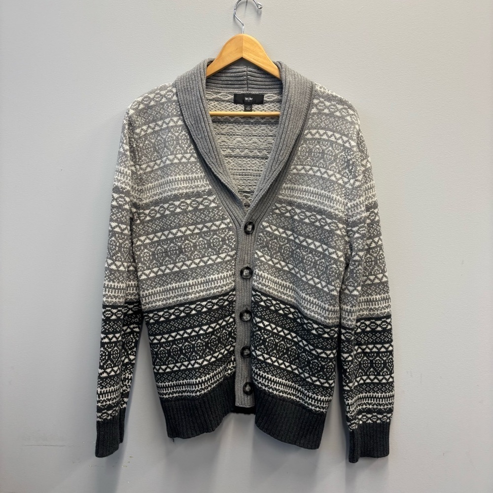 Mossimo Large Cardigan Shawl Collar Gray White Fair Isle